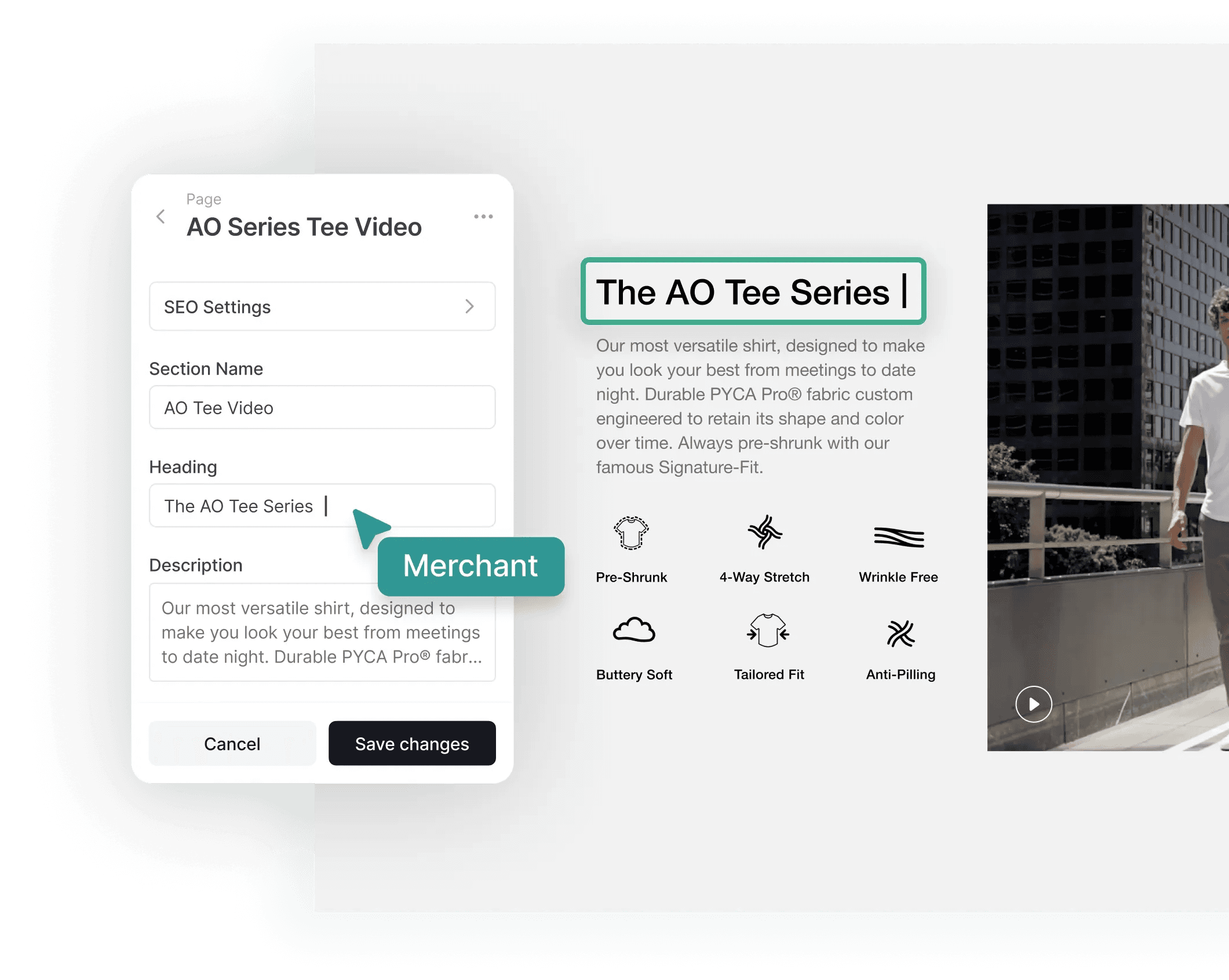 Editing a storefront section in Pack's customizer with a live preview alongside